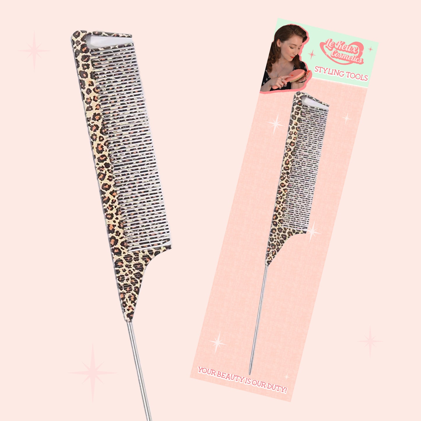 Metal Pin Tail Styling Comb - Leopard Print