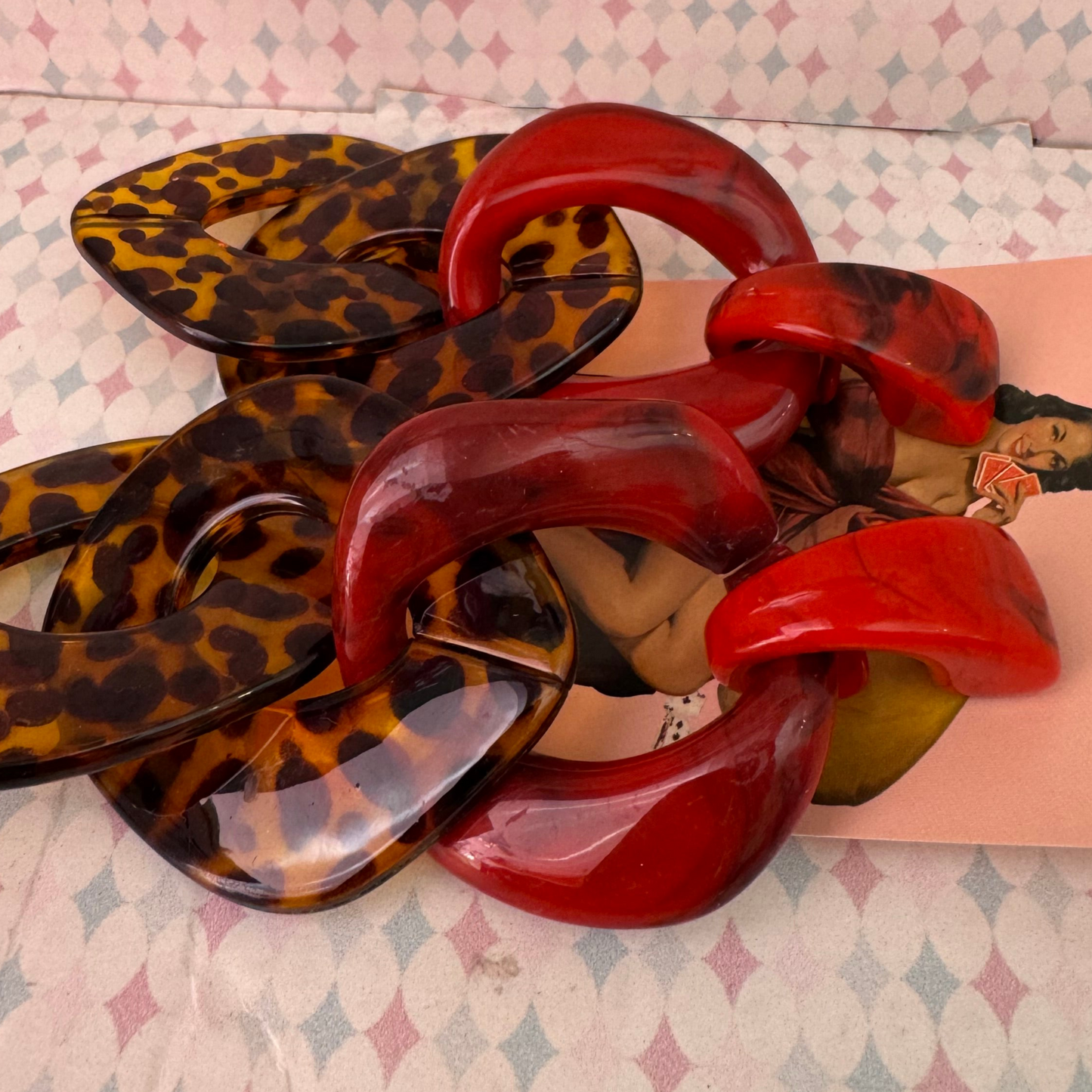 Acrylic retro fakelite red and leopard dangle earrings