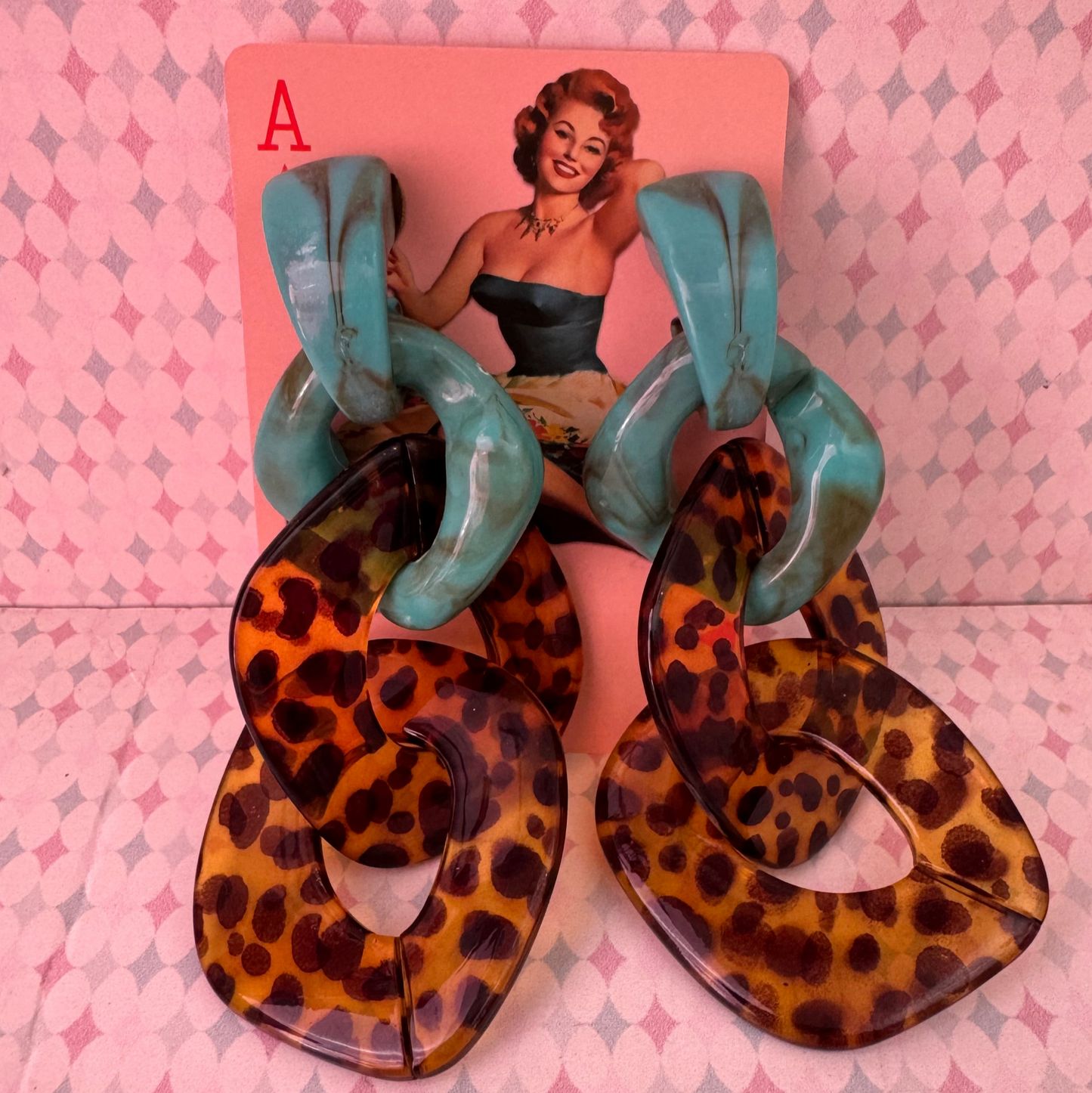 Acrylic retro fakelite turquoise and leopard dangle earrings