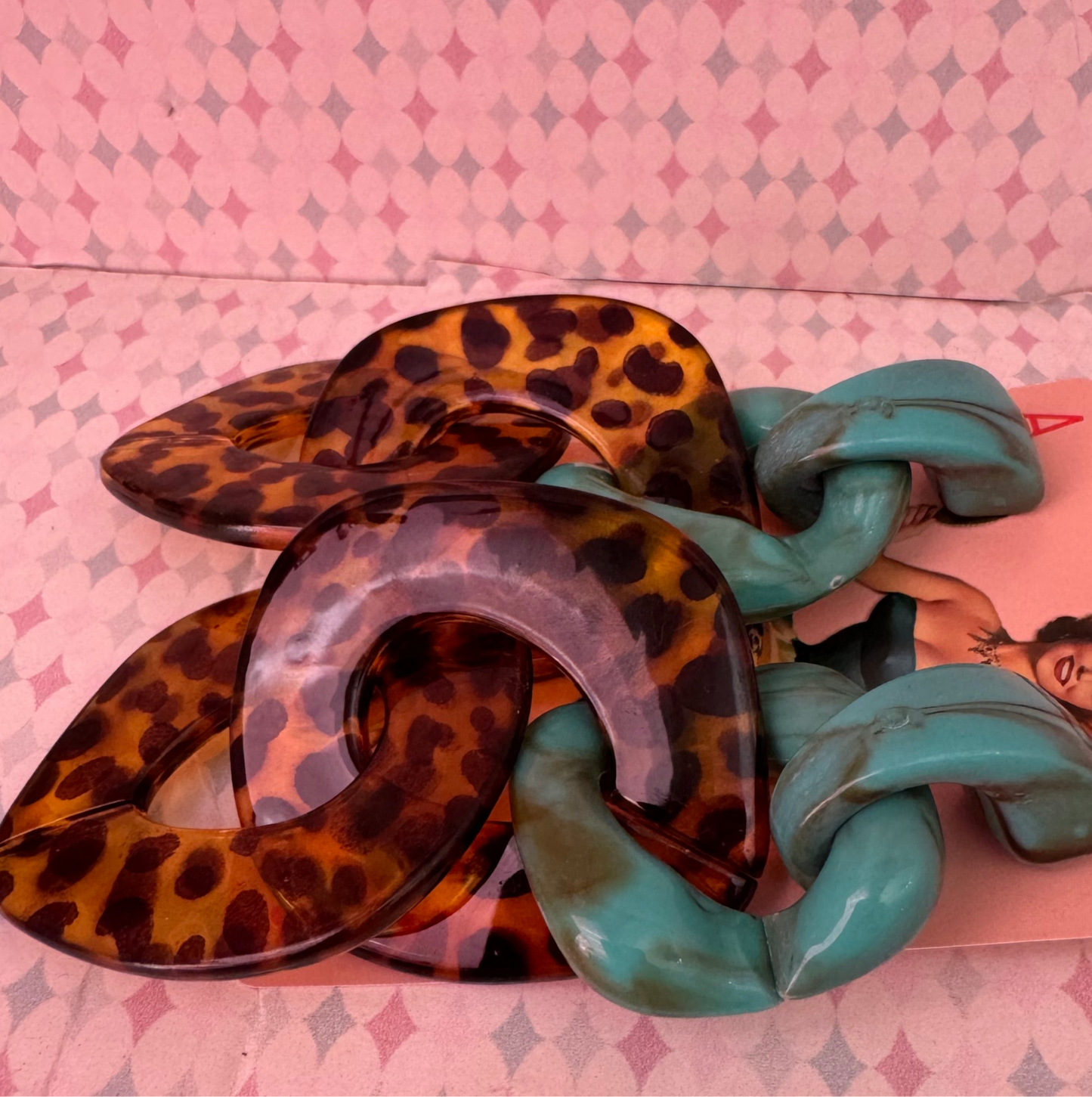 Acrylic retro fakelite turquoise and leopard dangle earrings