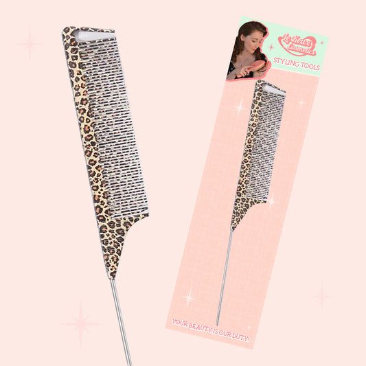 Metal Pin Tail Styling Comb - Leopard Print