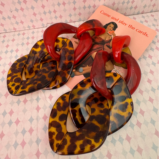 Acrylic retro fakelite red and leopard dangle earrings